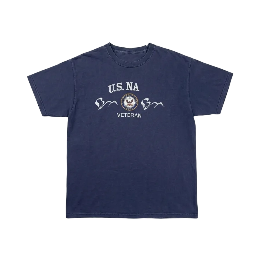 Navy blue t-shirt with 'U.S. NA Veteran' text on a light gray background