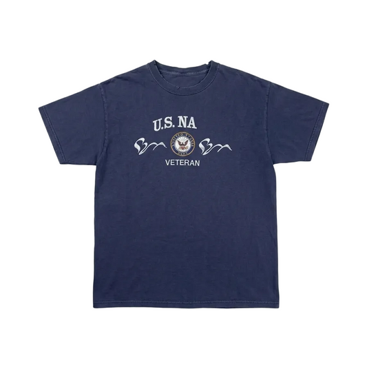 Navy blue t-shirt with 'U.S. NA Veteran' text on a light gray background